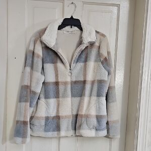 Cozy Plaid Teddy Jacket - Cream, Gray, and Brown